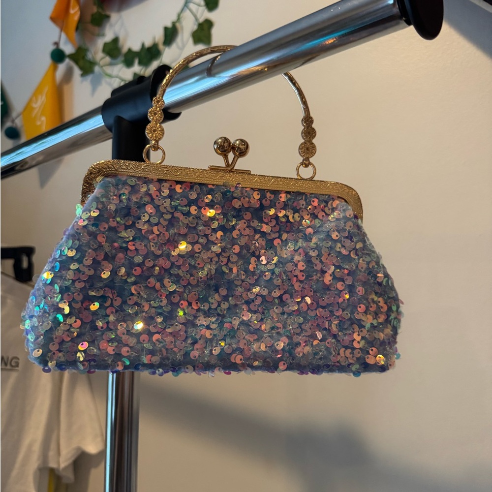 Sequin Embellished Evening Bag - Blue and Gold - Picture 2 of 6